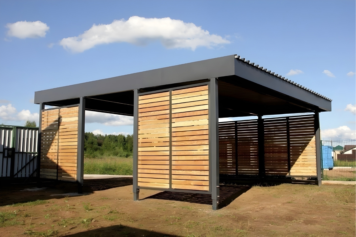 Односкатный автонавес из поликарбоната в стиле хай-тек для автомобиля с закрытыми боковинами Навес-беседка в парке с сотовым поликарбонатом